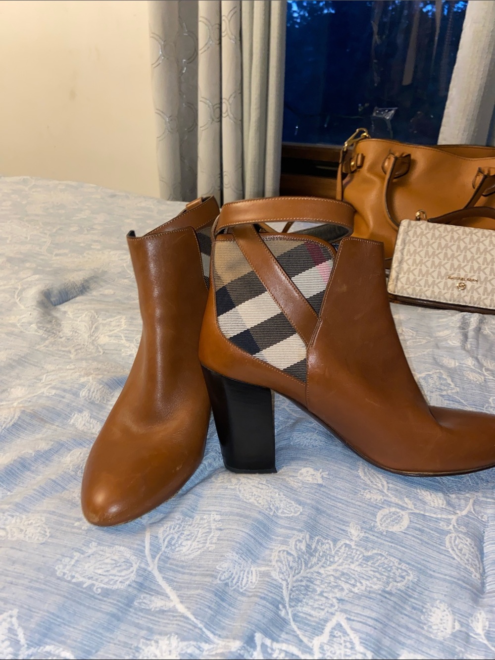 Burberry Women's Tan Leather Cutout Block Heel Ankle Boots